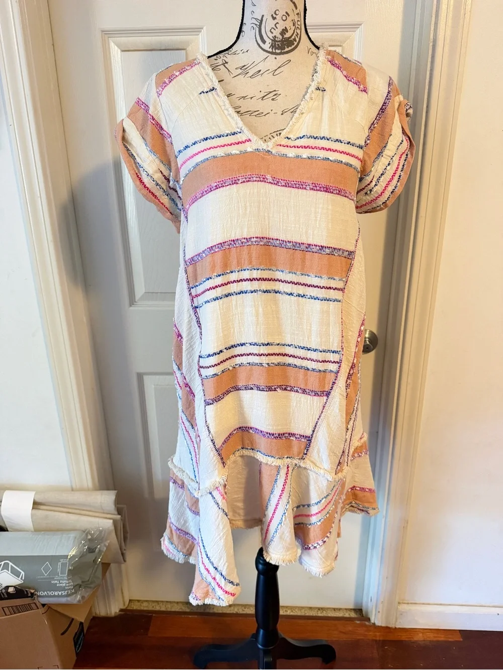 Anthropologie Cream Tunic Dress with Peach & Pink Stripes